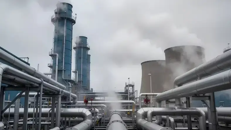 Industrial processing plant with blue steel towers, steam-emitting cooling structures, and large pipework